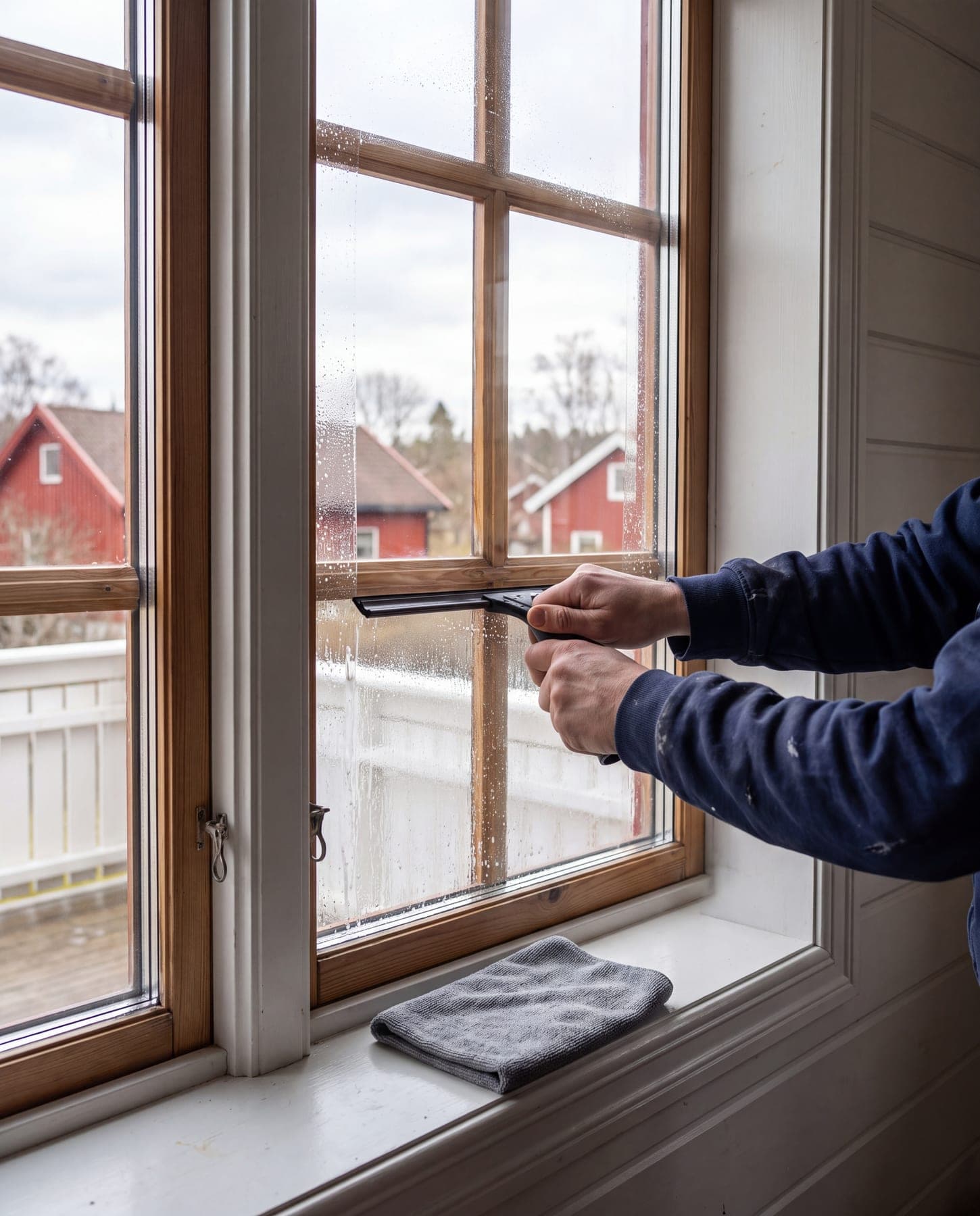 Hender som vasker innsiden av et vindu med nal